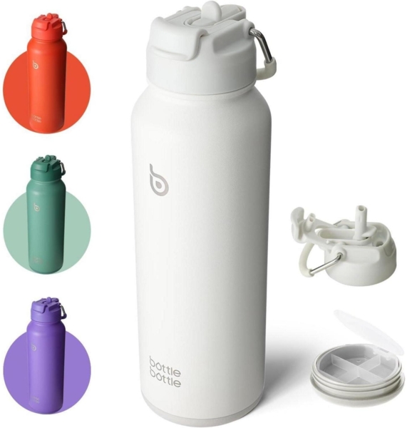 Isolierte Wasserflasche mit Strohhalm 1,2 l Weiß - Sportflasche mit Griffdeckel