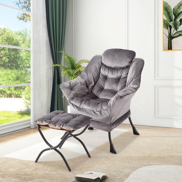 GarveeHome Lazy Chair Mit Ottomane, Großer Lounge-Sessel Akzentstuhl, Bequemer Lesesessel Mit Klappbarer Fußstütze Und Seitentasche Für Wohnzimmer, Schlafzimmer Und Büro