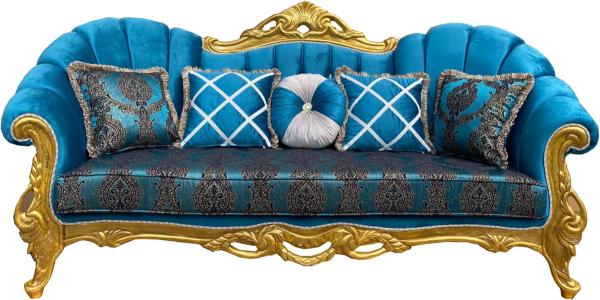 Casa Padrino Luxus Barock Sofa Türkismuster / Gold 220 x 90 x H. 110 cm - Prunkvolles Wohnzimmer Sofa mit Glitzersteinen und dekorativen Kissen