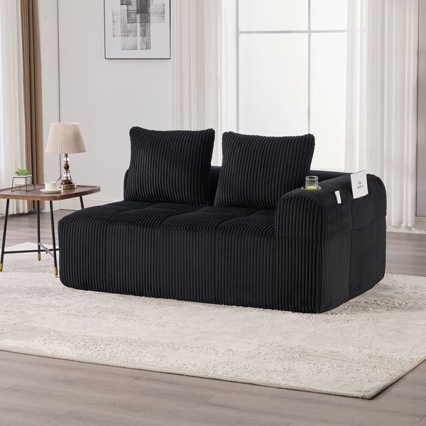 Sofa 158x93x61 cm, Cordstoff Schwarz – kompakt mit Seitenfächern, Becherhaltern und hochdichter Polsterung