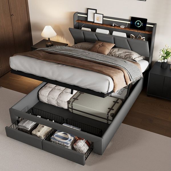 ADWOLT Polsterbett Stauraumbett Doppelbett Polsterbett mit Schubladen (1-tlg, Jugendbett), 140x200 cm,LED-Beleuchtung und USB-Ladefunktion,Grau,Leinenstoff