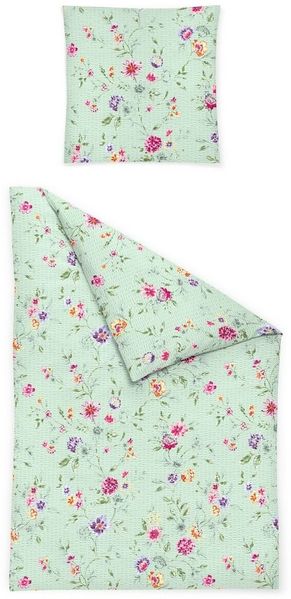 JACK Bettwäsche 135x200 cm Florentina Mint, Seersucker, 2 teilig, mit Blüten in Lila und Pink