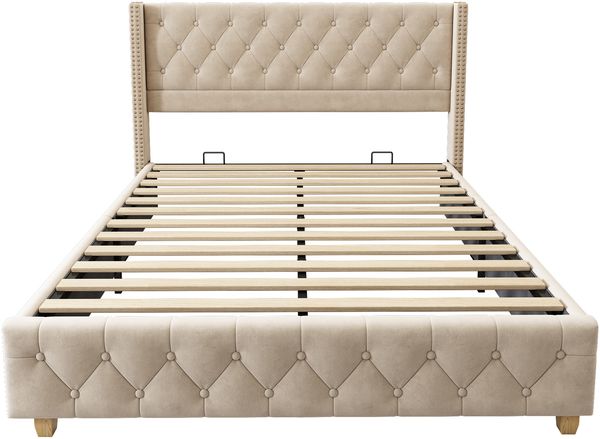 Polsterbett 180×200 cm aus Samt-Stoff mit Lattenrost, hellbeige Bild 7