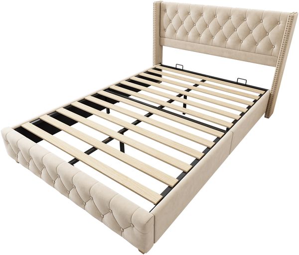 Polsterbett 180×200 cm aus Samt-Stoff mit Lattenrost, hellbeige Bild 8