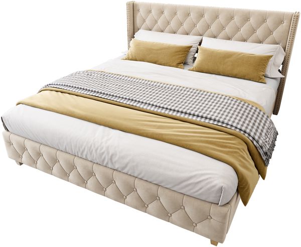 Polsterbett 180×200 cm aus Samt-Stoff mit Lattenrost, hellbeige Bild 5