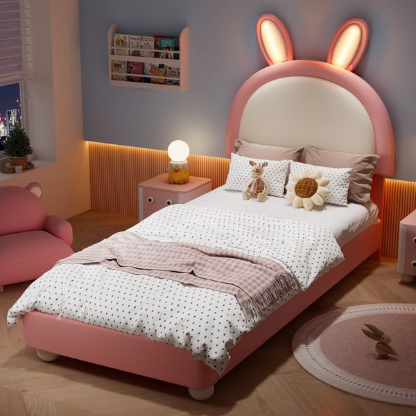 Kinderbett mit Lattenrost, LED-Streifen und gepolstertem Kopfteil, 90x200 cm, Einzelbett, Polsterbett, Bezug aus Kunstleder