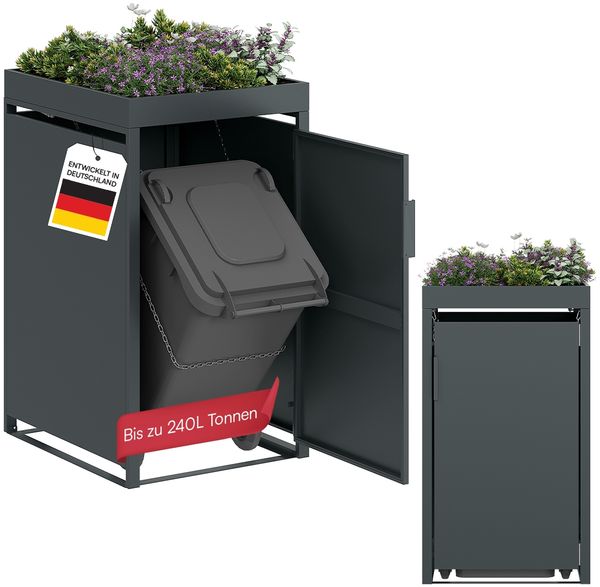 STEELSØN 'Thoria' Mülltonnenbox 1er je 240 Liter, anthrazit, Mülltonnenverkleidung aus Stahl, wetterfest, 125x80x69 cm, Müllbox mit Pflanzendach für 1 Tonne