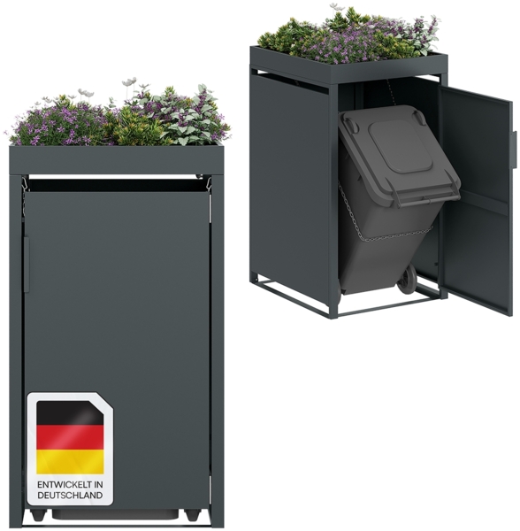 STEELSØN 'Thoria' Mülltonnenbox für 1 Tonne 240 Liter, anthrazit, Mülltonnenverkleidung aus Stahl, wetterfest, 125x80x69 cm, Müllbox mit Pflanzendach