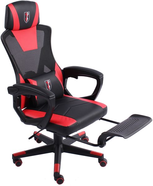 Gaming Stuhl im modernen Racing-Design mit einklappbarer Fußstütze - Gaming Chair mit flexiblen Armlehnen - ergonomischer Gaming Schreibtischstuhl mit extra Stützkissen Schwarz/Rot