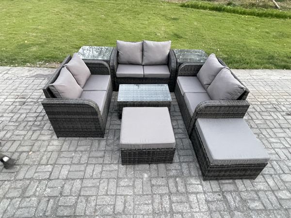 Fimous Polyrattan Gartenmöbel Set 8-Sitzer Garten Sofa im Freien Set mit Love Sofa Couchtisch 2 Beistelltischen 2 hohen Hockern Dunkelgrau Gemischt
