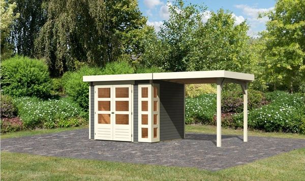 Karibu 19mm Gartenhaus Kerko 3 mit Anbau 2,40m Terragrau nur Anbau