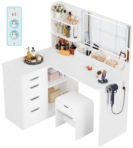 HOMALL Schminktisch Mit Stuhl und dreifarbigem LED-Spiegel, Helligkeit einstellbar (Extra groB: 120 x 0 x 136 cm. 2 Steckdosen + 1 USB-Anschluss +1 Typ-C-Anschluss,5 Schubladen + 8 Facher - fur ein perfektes Schminkerlebnis)