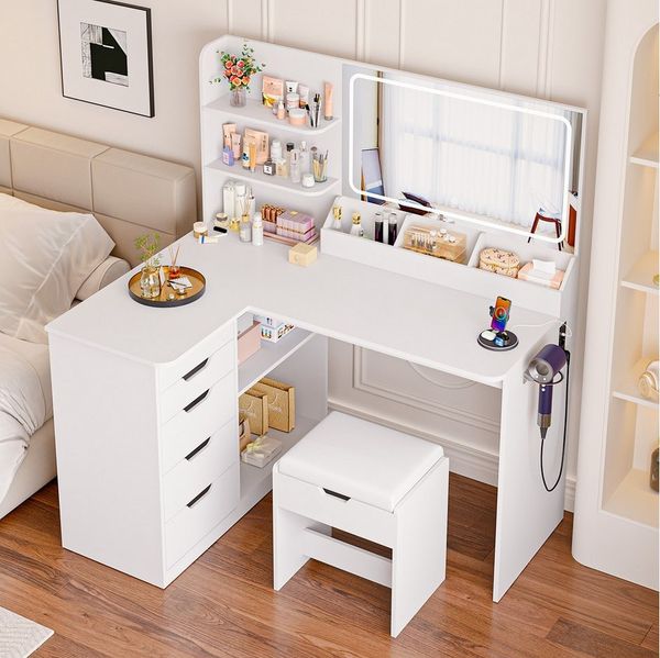 HOMALL Schminktisch Mit Stuhl und dreifarbigem LED-Spiegel, Helligkeit einstellbar (Extra groß: 120 x 80 x 136 cm, 2 Steckdosen + 1 USB-Anschluss + 1 Typ-C-Anschluss, 5 Schubladen + 8 Fächer – für ein perfektes Schminkerlebnis ostern geschenke)