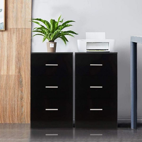 COSTWAY Nachttisch (2-St), mit 3 Schubladen, 37 x 34 x 66,5 cm, schwarz