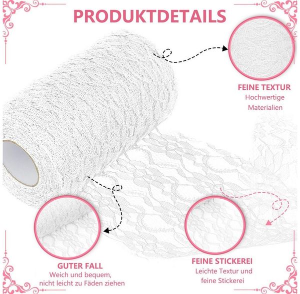 FOUORTUNATE-BEE Tischläufer Tischläufer Spitze Weiß 15cm x 25m Spitzenstoff Deko Tischläufer (für Hochzeit Vintage Rezeption Dekor, Sommer Outdoor Party Boho Hochzeit Tisch Dekor) Bild 3