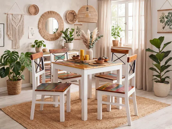 Essgruppe massivum Perth 80x80 cm weiß Holz recycelt 4 Stühle Set Küchentisch Esszimmergruppe Hartholz kompakt stabil nachhaltig
