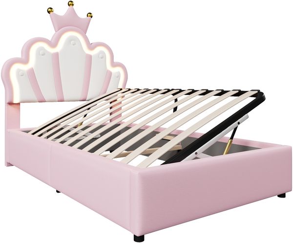Merax Hydraulisches Polsterbett 90x200cm Jugendbett Einzelbett mit Led, mit Lattenrost, Kinderbett mit Kronenförmigem Kopfteil, Prinzessinnenbett PU, Rosa Bild 9