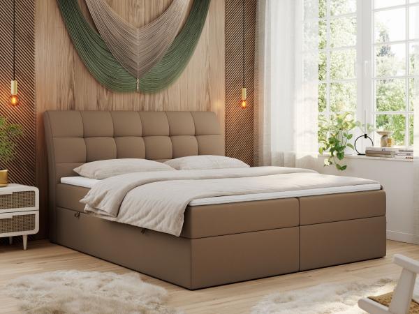 Boxspringbett Polsterbett mit Multipocket-Matratze und Topper - DIEGOS - 200x200cm - Braun Kunstleder - H4