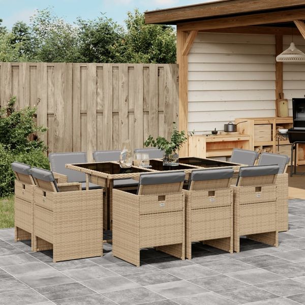vidaXL 11-tlg. Garten-Essgruppe mit Kissen Beigemischung Poly Rattan 3210672