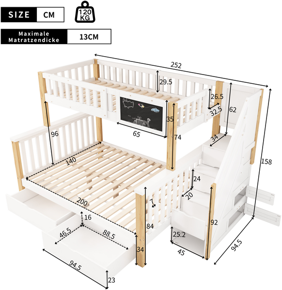 Merax 90*200cm & 140*200cm Kinder-Etagenbett, Doppelbett, multifunktionales Kinderbett, mit Tafel und Schubladen, ohne Matratze, weiß + Eiche Bild 4