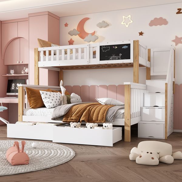 Merax 90*200cm & 140*200cm Kinder-Etagenbett, Doppelbett, multifunktionales Kinderbett, mit Tafel und Schubladen, ohne Matratze, weiß + Eiche