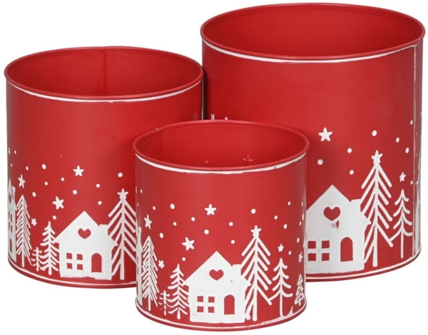 finehomegarden Blumentopf Metall Set/3 Winterlandschaft Übertopf Ø12+15+17cm H12+15+17cm (Set, 3 St, 3er Set), rot-weiß BlumentopfDekoratives Pflanzen Festliche Deko Bild 3