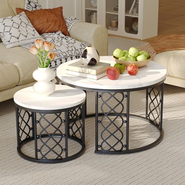 Couchtisch Set 2-tlg. Weiß mit Marmoroptik,Nesting Tische rund,Beistelltisch Metallgestell Schwarz,70cm×70cm×45cm
