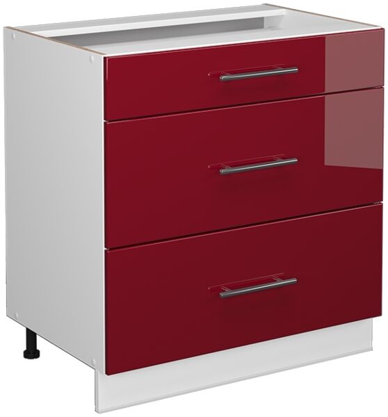 Küchenunterschrank Fame-Line Bordeaux Hochglanz 80 cm mit 3 Schubladen, ohne Arbeitsplatte Vicco
