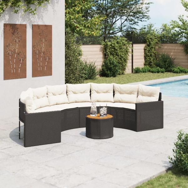 vidaXL Gartensofa mit Tisch und Kissen Halbrund Schwarz Poly-Rattan 3318521