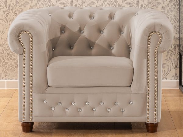 S-Style Möbel Chesterfield-Sessel Cleo Blink aus Samt mit Kristallsteppung und braunen Massivholzfüßen, mit Wellenfederung