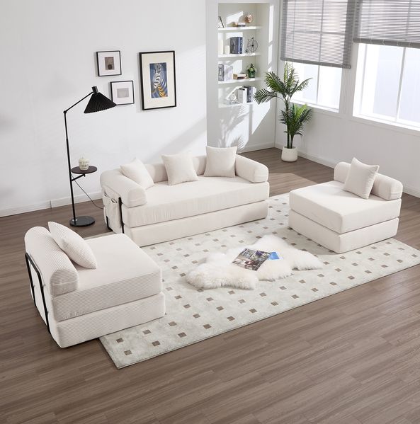 Modulares Sofa aus Cord mit Schlaffunktion & Seitentasche, 270 x 180 x 64 cm, Beige