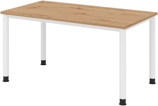 bümö höhenverstellbarer Schreibtisch H-Serie 140x80 cm in Asteiche, Gestell in Weiß - PC Tisch für's Büro manuell höhenverstellbar, Computertisch verstellbar, HS-14-R-W
