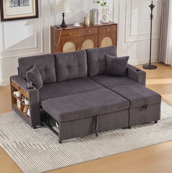 Cord-Sofa mit Ausziehbett, USB-C & LED-Beleuchtung, dunkelgrau, 196x82x85 cm