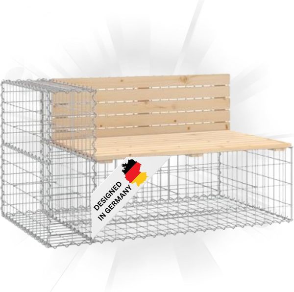 Gartenbank Gabionen INO aus Stahl 122x71x65,5cm Kiefernholz Natur Gabionenbank Gartenbank mit Sitzfläche aus Gabionen Steinkorb Gabionengitter Ziergabione Drahtkorb befüllbar
