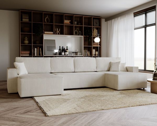 Goldstoff Ecksofa Cordstoff - U-Sofa mit Schlaffunktion und Bettkasten, Amalia Couch mit Cord-Bezug - Schlafsofa mit Liegefläche 330x147 cm - Stauraum - Komfort-Polsterung, Universell stellbar rechts/links
