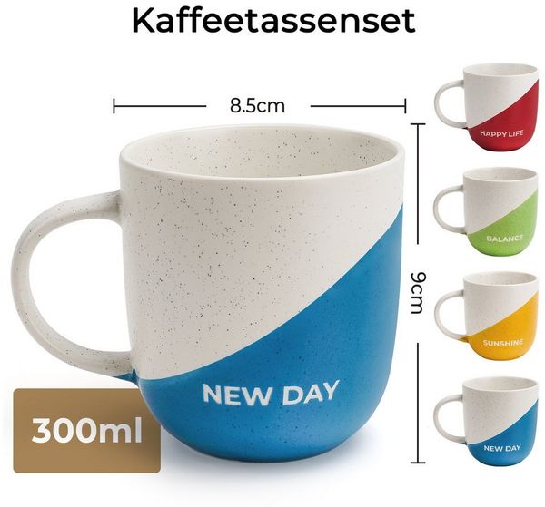 MiaMio Tasse Kaffeetassen Set 4er x 300 ml/Geschenk Kaffee Becher mit Sprüchen, 4-tlg.