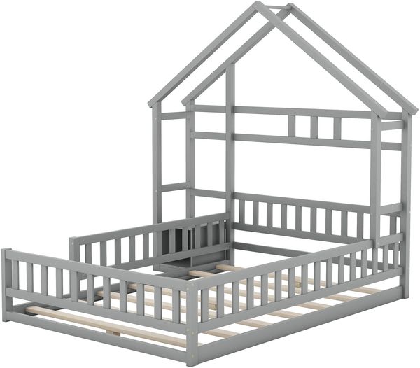 Hausbett 140×200 cm mit Rausfallschutz und Nachttisch, Grau, ohne Matratze Bild 7