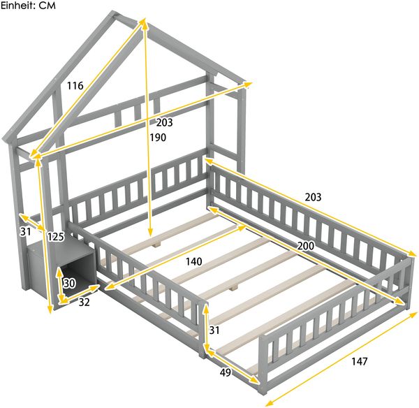 Hausbett 140×200 cm mit Rausfallschutz und Nachttisch, Grau, ohne Matratze Bild 5