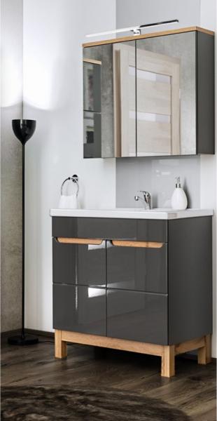 Badmöbel Waschplatz Set mit 80cm Keramik-Waschtisch & LED-Spiegelschrank SOLNA-56 in Hochglanz grau mit Eiche, B/H/T ca.: 80/200/46 cm