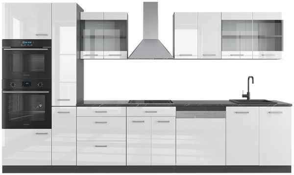 Küchenzeile R-Line Weiß Hochglanz/Anthrazit 350 cm mit Hochschrank Vicco