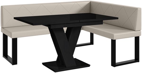 MEBLINI Eckbank für Esszimmer mit ausziehbarem Tisch - Küchenbank - Essecke - Sitzecke Küche - ERIC - U-Beine 128x168x87cm Rechts - Beige Kunstleder/M Schwarz Hochgl.
