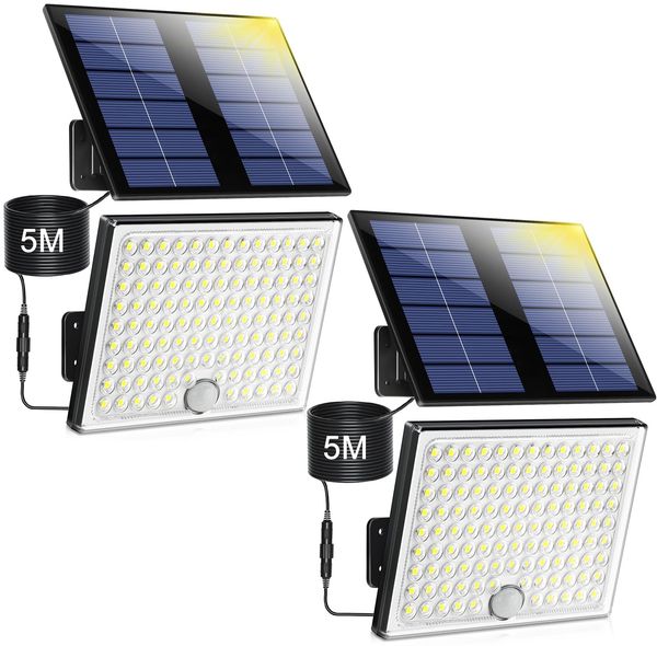 Realky Solarlampen für Außen,Solarleuchte mit Bewegungsmelder,113 LED Solar Strahler IP65 Wasserdichte Solar-Split Wandleuchte mit 5m Kabel für Garage, Garten, Hof, Stufen, Haustüren, Rasen - 2 Stück