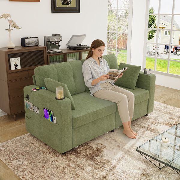 2-Sitzer Sofa aus Chenille 172x75x82 cm mit USB-Anschlüssen & Stauraum, olive