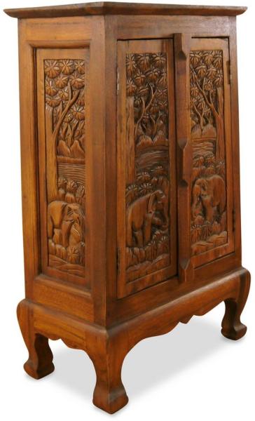 livasia Midischrank mit Elefantenschnitzerei, handgefertigt, Akazienholz, 50x28x80cm