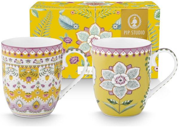 PiP Studio Becher Lily&Lotus Yellow Henkelbecher Small 0,2l Set2, Porzellan