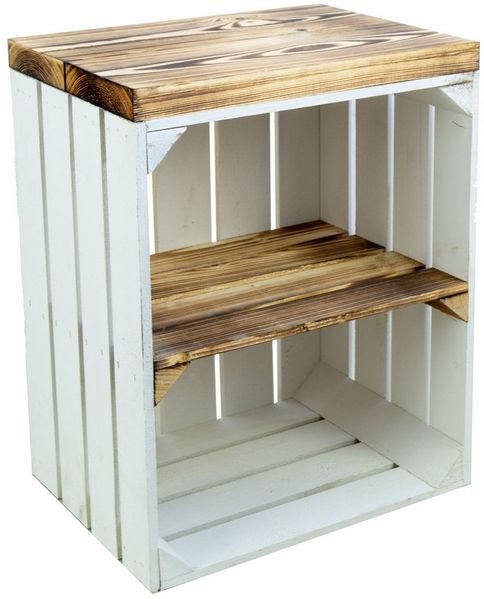 Sitzkiste Ablagetisch Sitzkiste aus unserer Johanna Obstkiste und massiven Holzplanken Schuhablage Schuhkommode Hocker aus Holz Maße 40 x 29 x 53 cm L x T x H (weiss und geflammt)