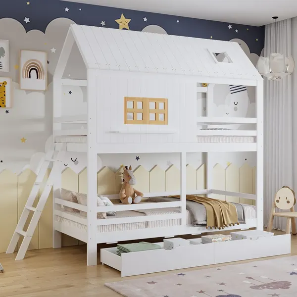 Etagenbett mit 2 Lattenrost, Rausfallschutz, Schubladen und Leiter, 90x200cm, Kinderbett, Jugendbett, Kiefer