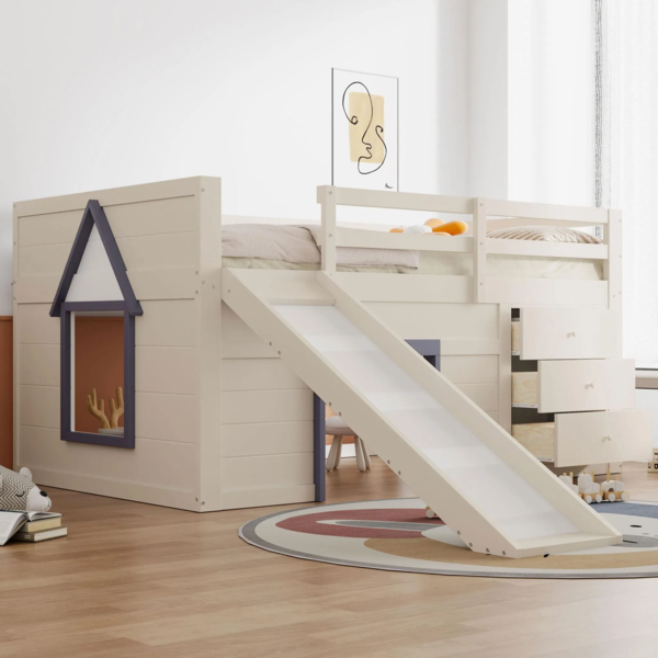 Hochbett mit Lattenrost, Rutsche, Schubladen, Spielraum und Leiter, 140x200cm, Kinderbett mit Rausfallschutz, Kiefer