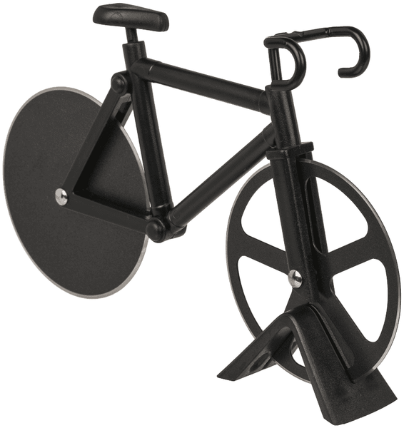 Pizzaschneider Fahrrad mit Fahrradständer Edelstahl Kunststoff Pizzaroller schwarz