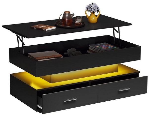 Merax Couchtisch mit LED und Schubladen, Kaffeetisch mit APP Steurung, Beistelltisch mit ausziehbarer Tischplatte, Wohnzimmertisch